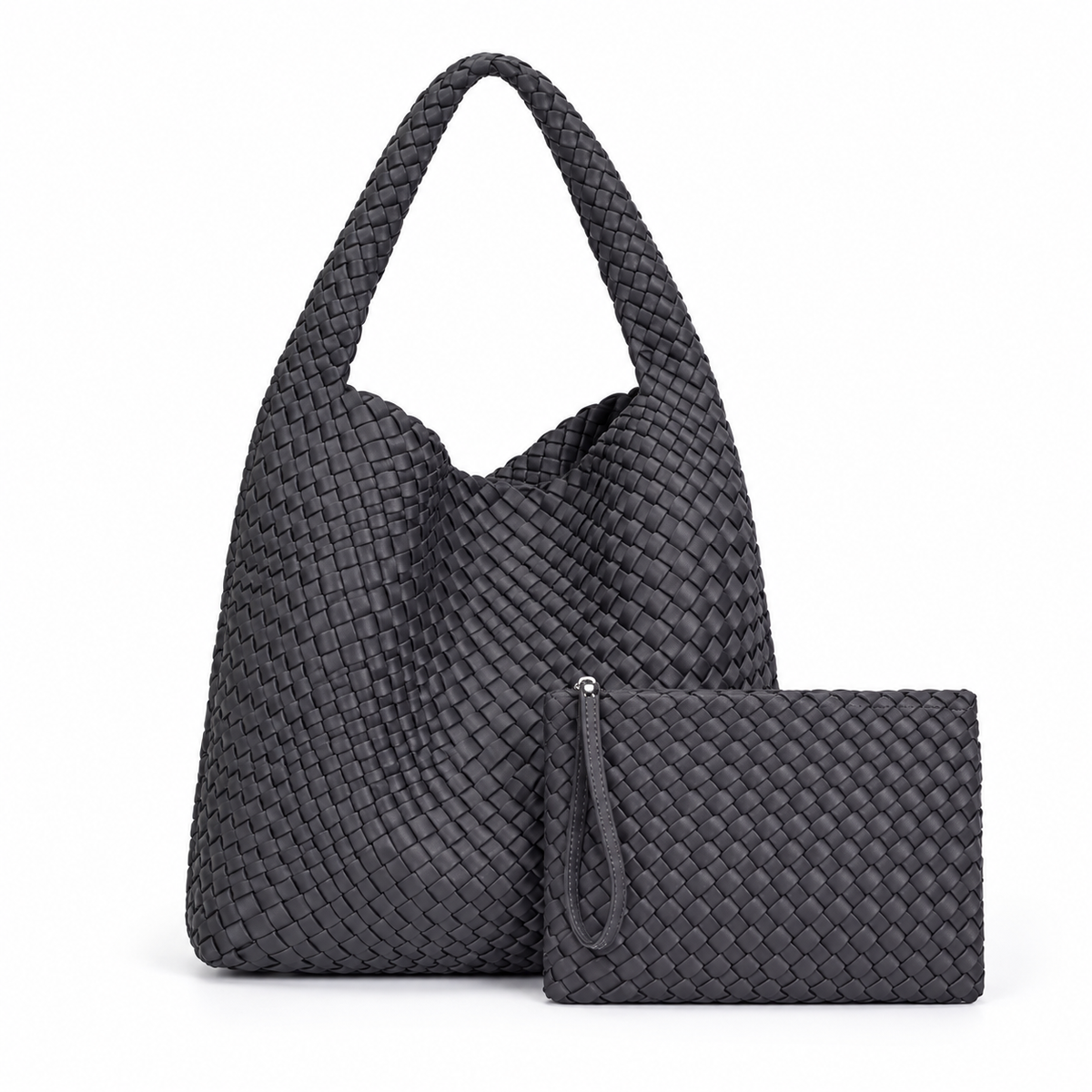 Charcoal Woven Hobo Bag With Pouch-4