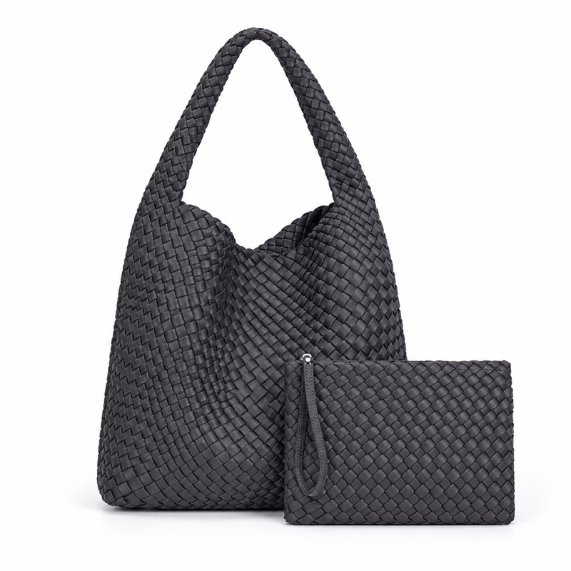 Charcoal Woven Hobo Bag With Pouch-4