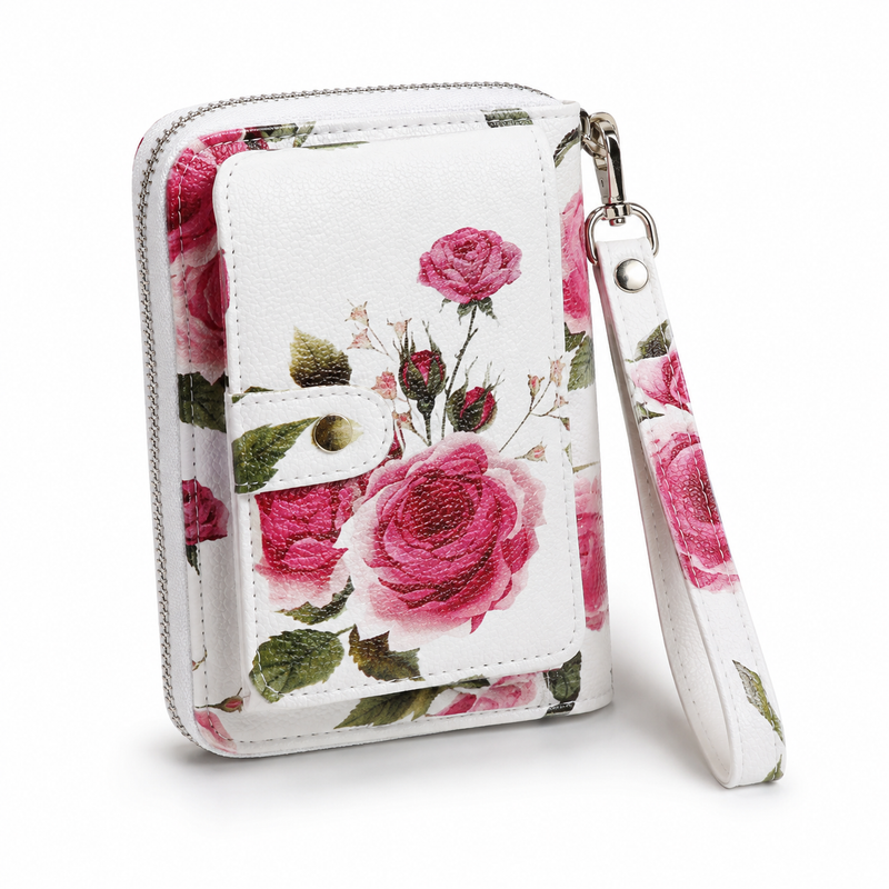 Pink Rose Floral Zip-Around Wristlet Wallet-1