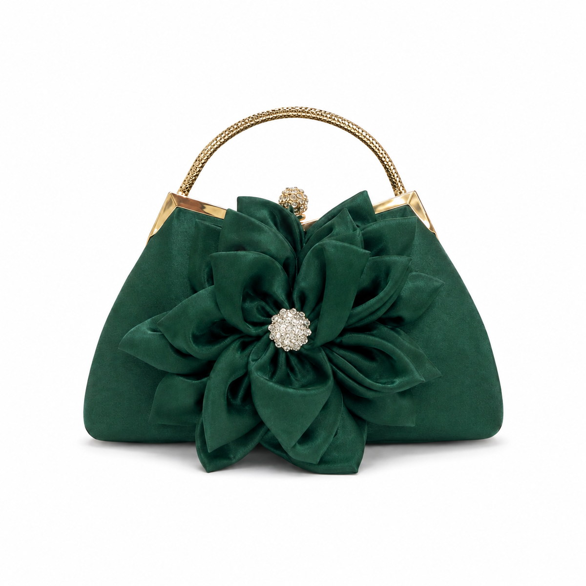 Emerald Green Floral Satin Crystal Clutch-4