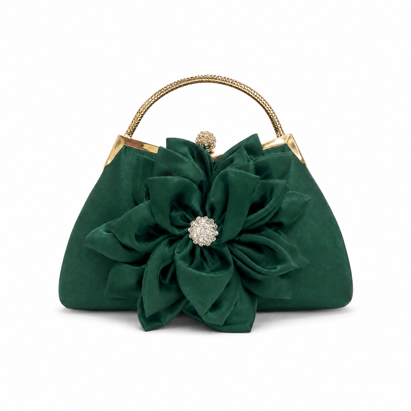 Emerald Green Floral Satin Crystal Clutch-4