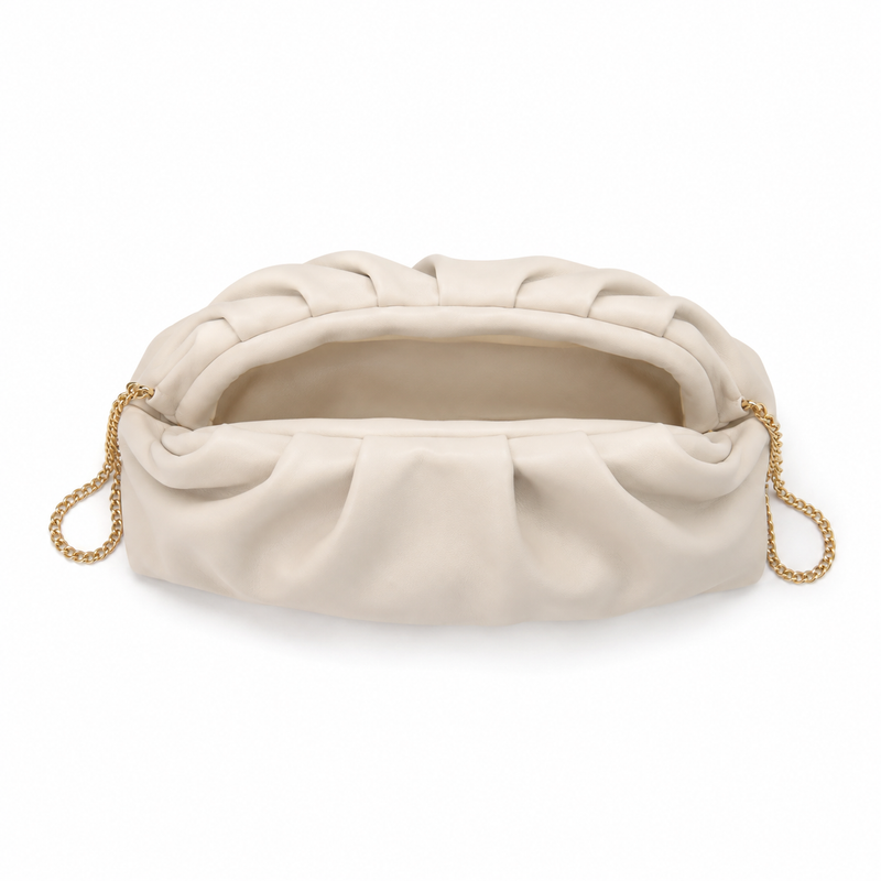 Ivory Ruched Clutch Bag with Gold Chain Strap-3