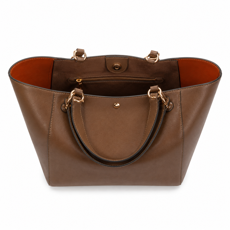 Elegant Brown Structured Tote Handbag with Double Handles and Gold-Tone Hardware-2