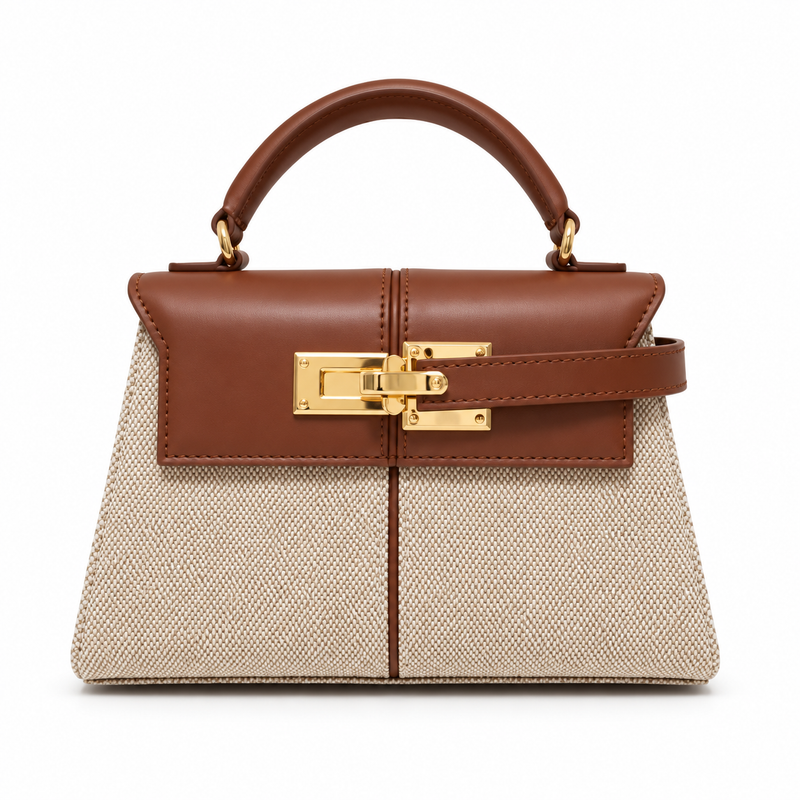 Classic Brown Leather Canvas Top Handle Bag-3