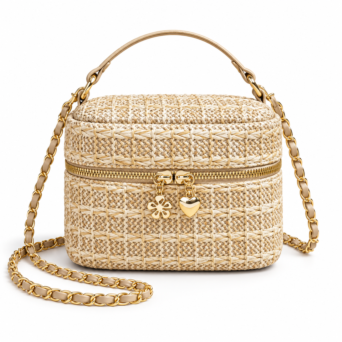 Beige Woven Crossbody Bag With Charms-2