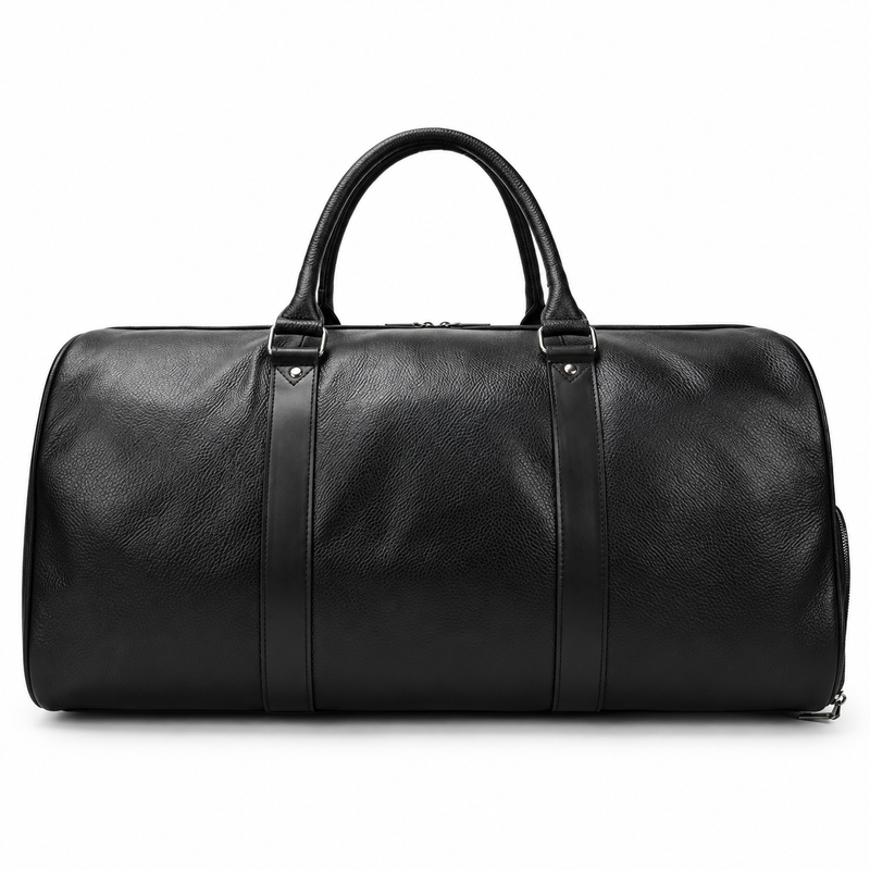 Classic Black Leather Duffel Travel Bag-2