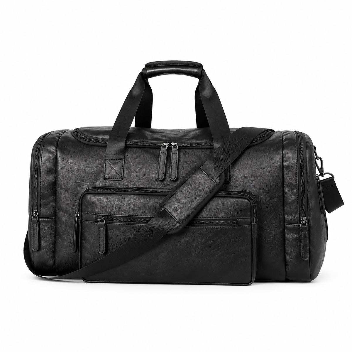 Classic Black Leather Travel Duffel Bag-4