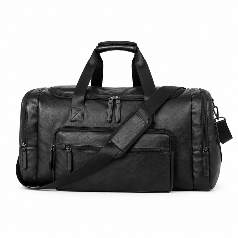 Classic Black Leather Travel Duffel Bag-4