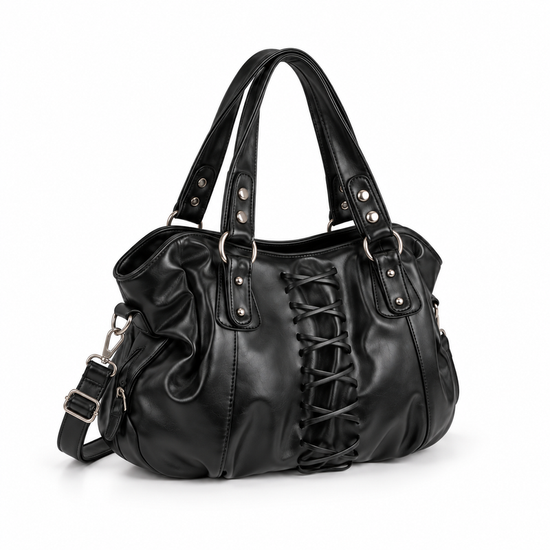 Black Lace-Up Ruched Shoulder Tote Bag-1