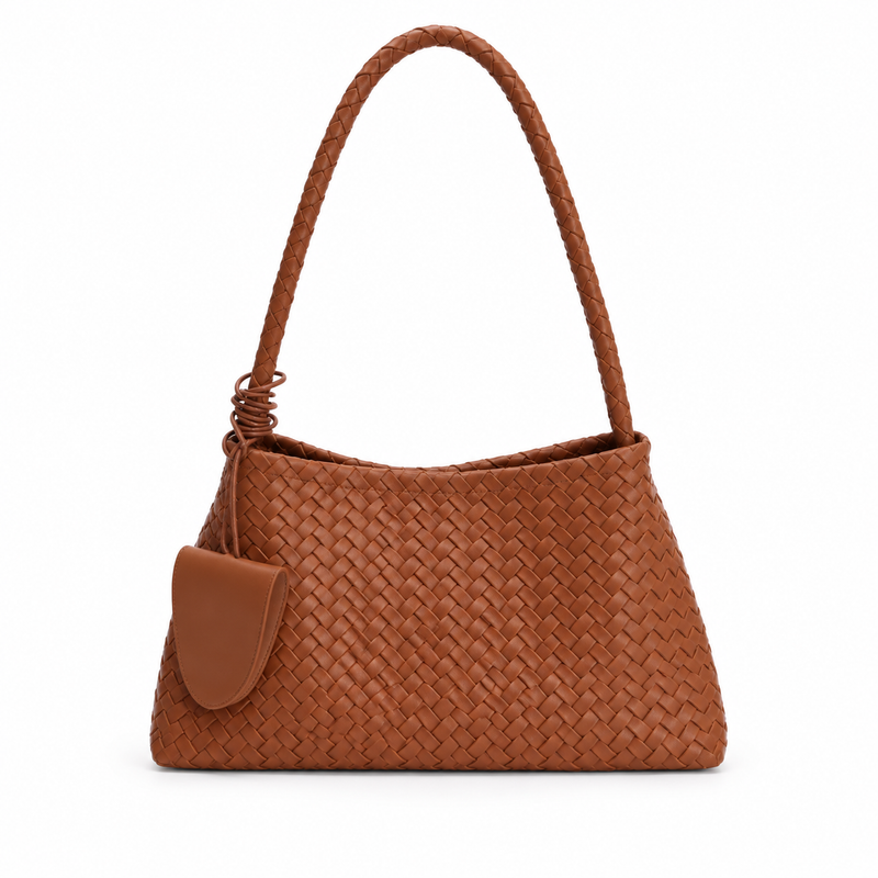 Brown Woven Shoulder Bag With Pouch-4