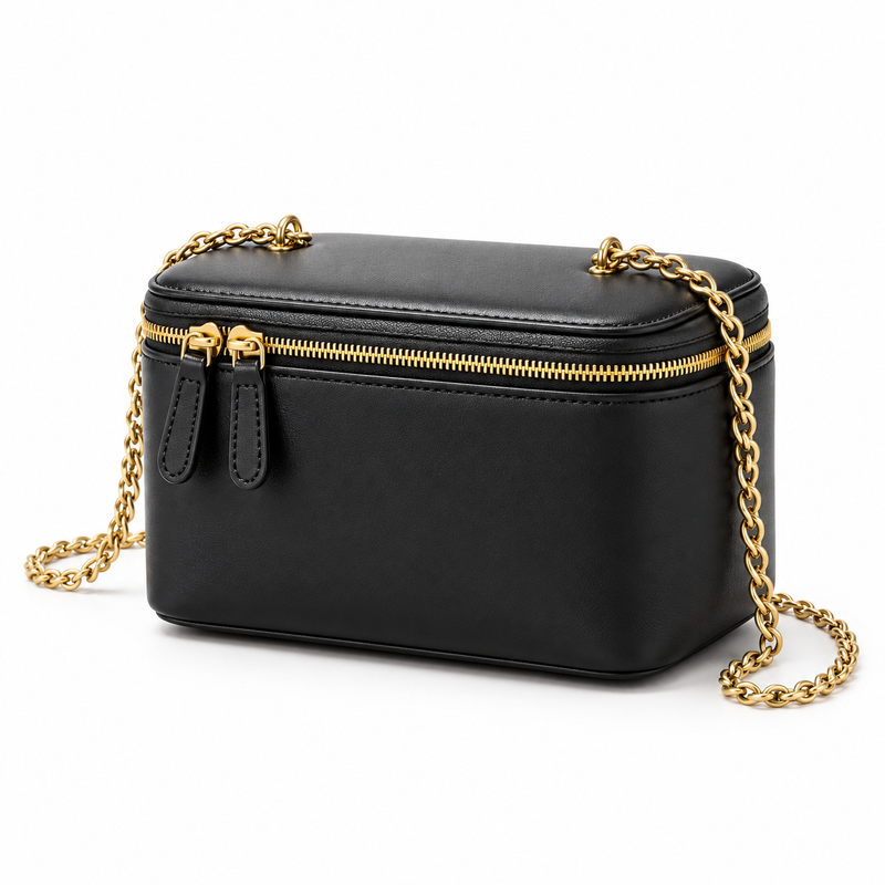 Black Vegan Leather Vanity Shoulder Bag-3