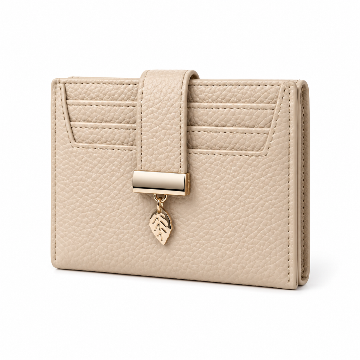 Beige Pebbled Wallet With Leaf Charm-3