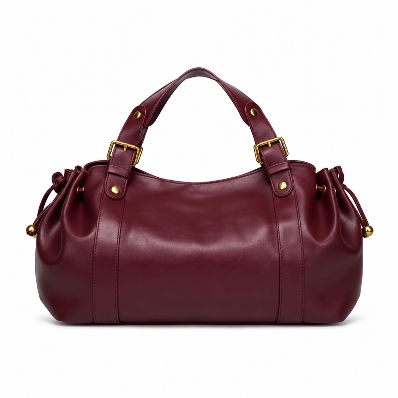 Burgundy Buckle Handle Drawstring Handbag-2