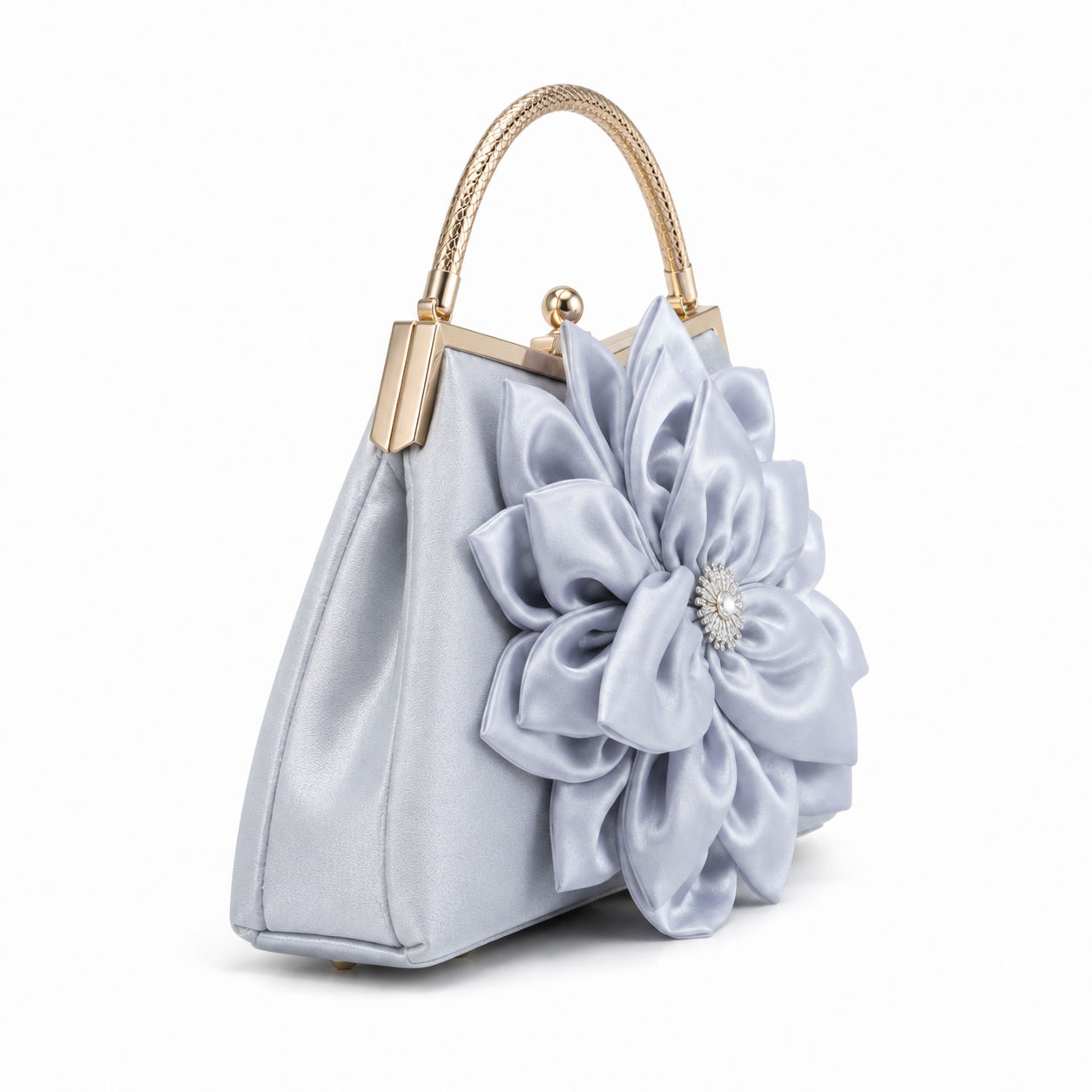 Silver Floral Satin Top-Handle Evening Handbag-2
