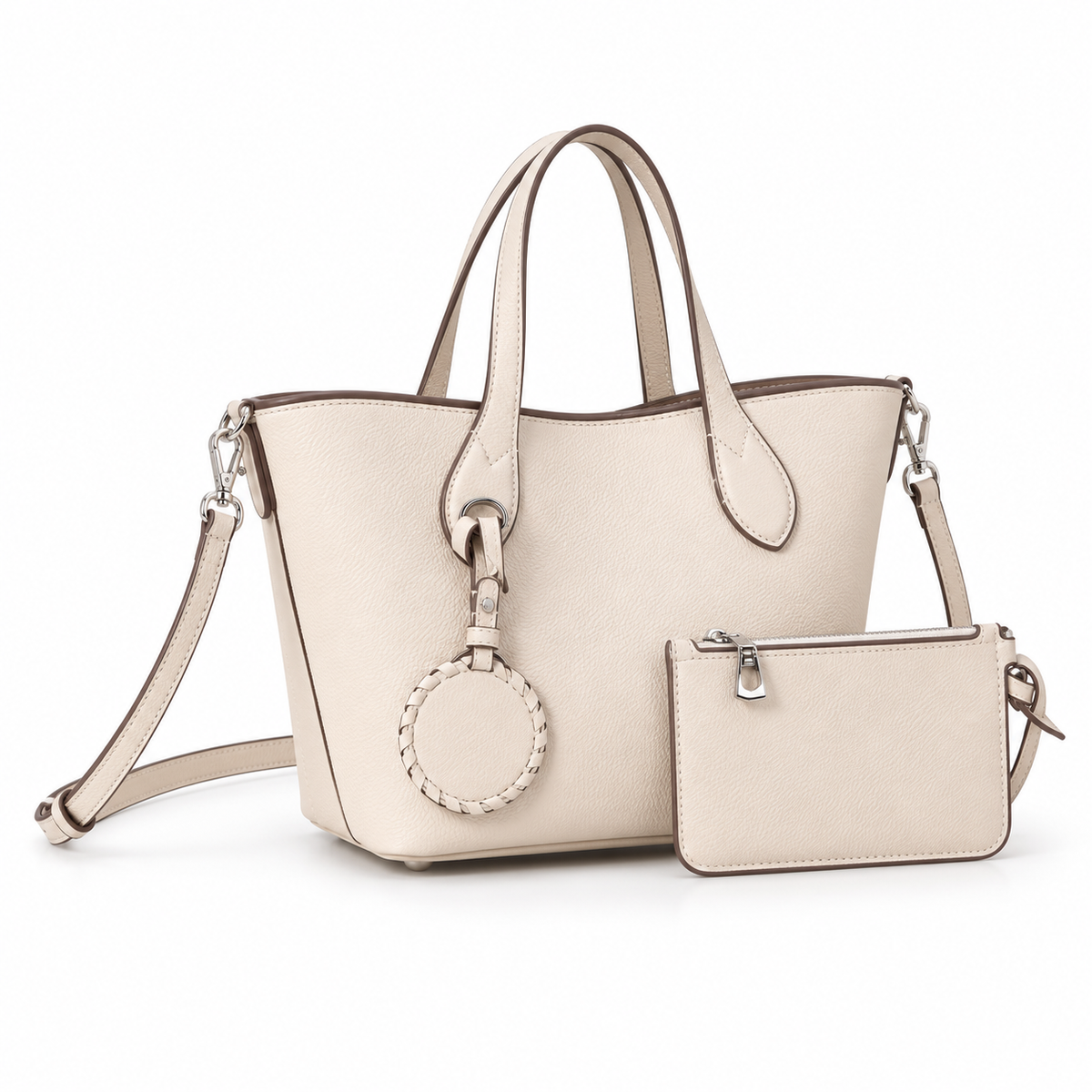 Ivory Textured Tote Bag With Pouch-1