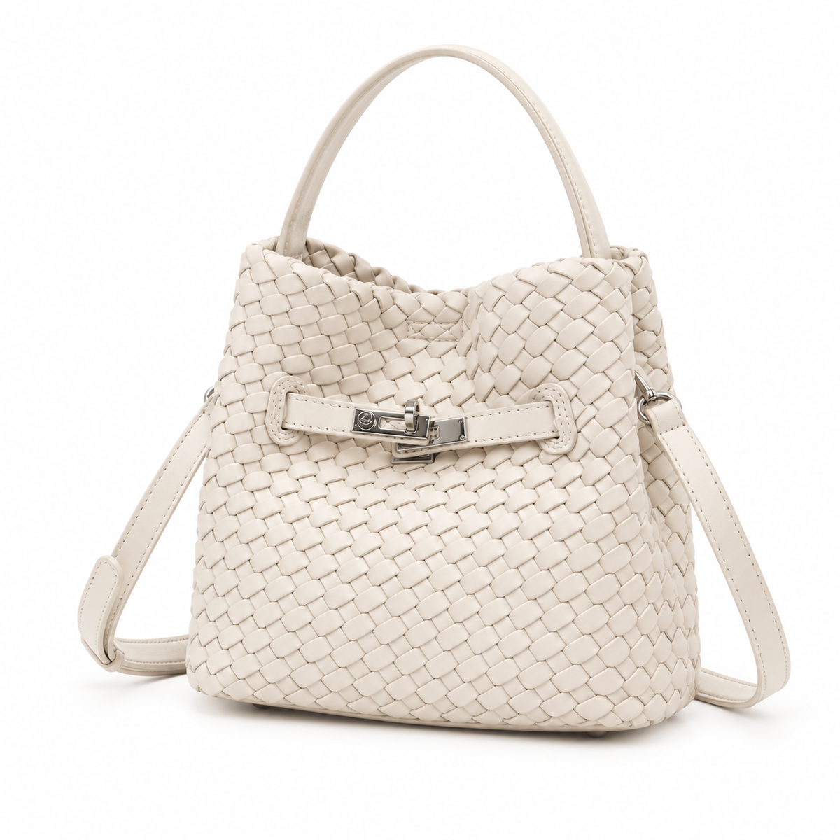 Elegant Ivory Woven Bucket Shoulder Bag-2