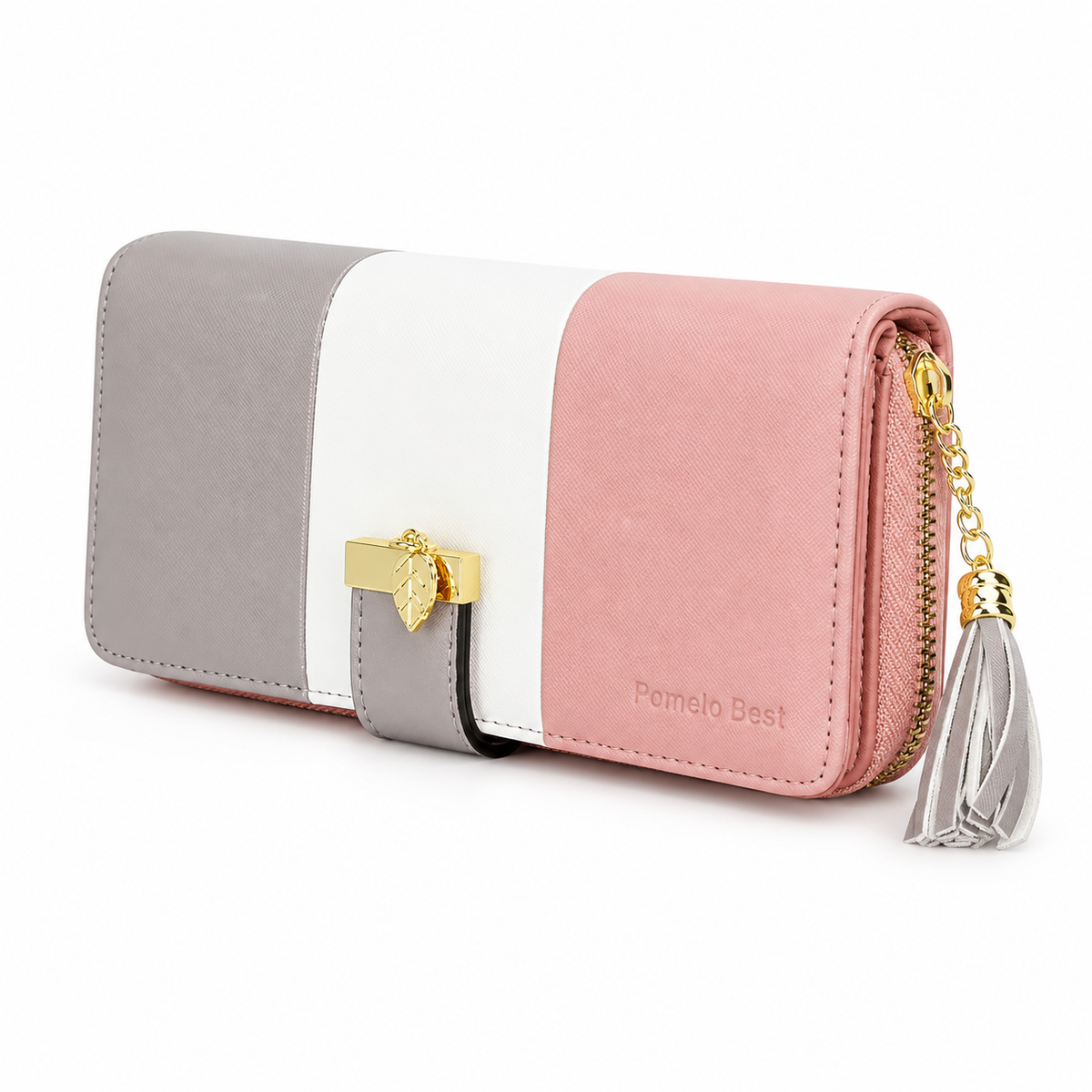 Pink Grey Color Block Tassel Wallet-3