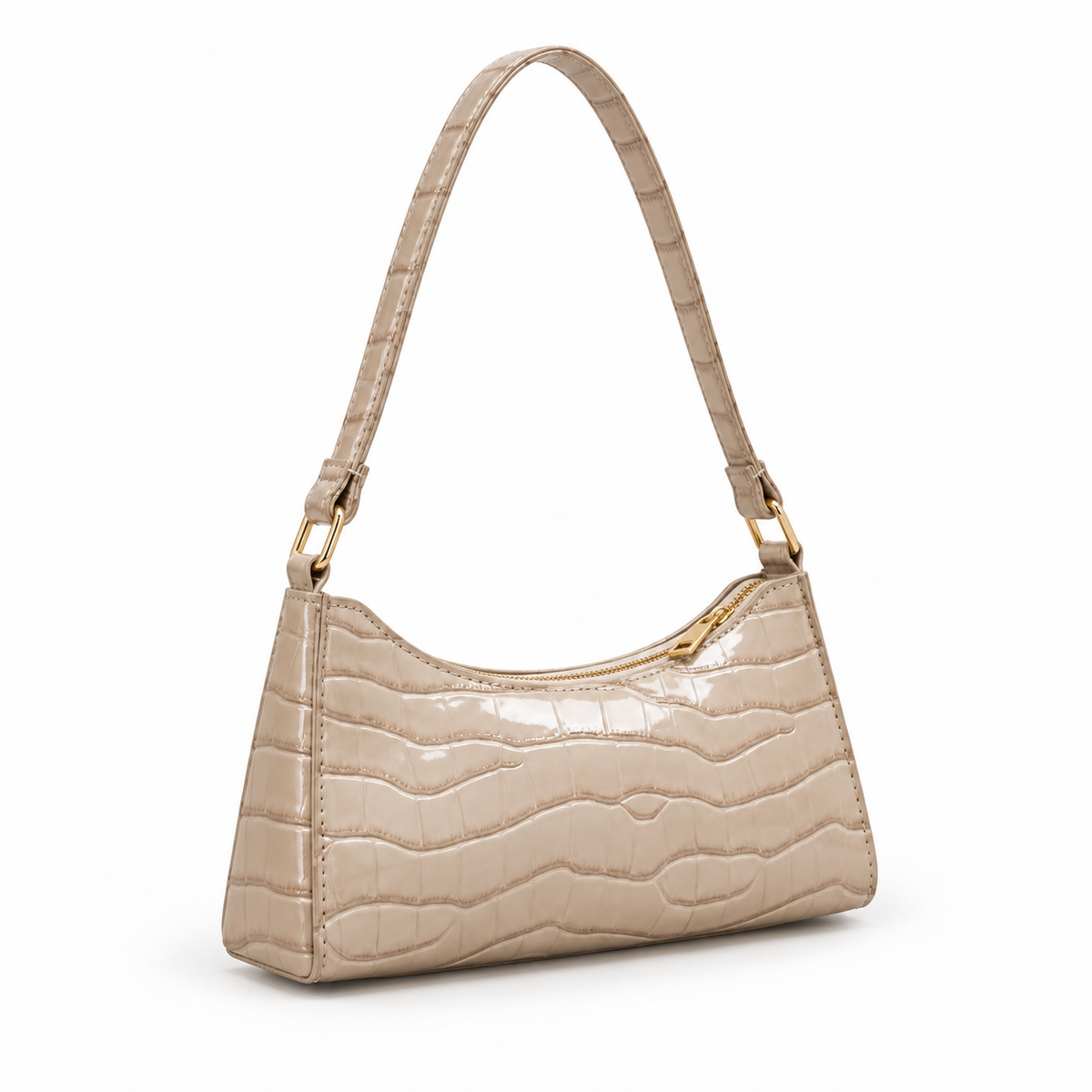 Glossy Croc Embossed Beige Shoulder Bag-1