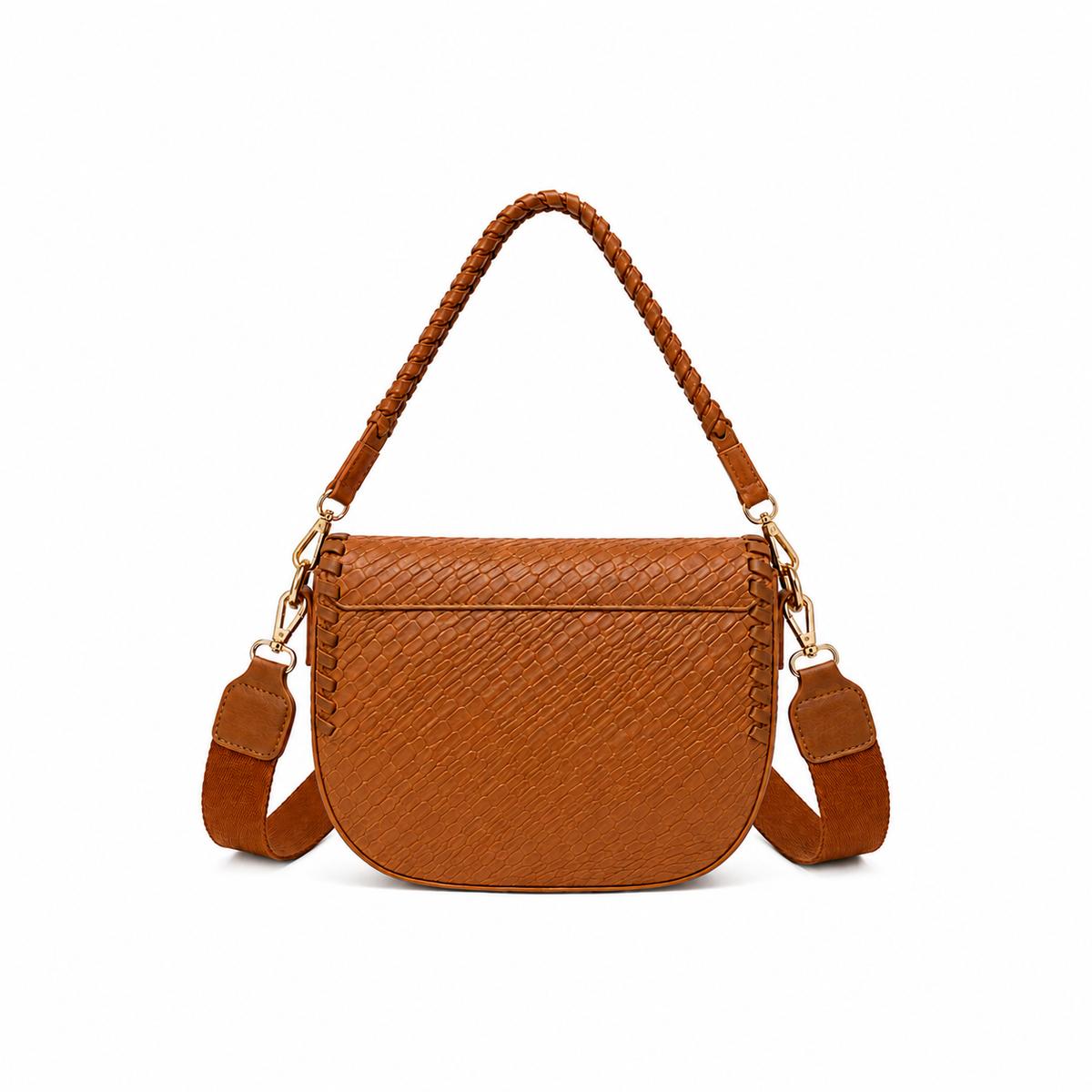 Cognac Woven Leather Braided Saddle Bag-3