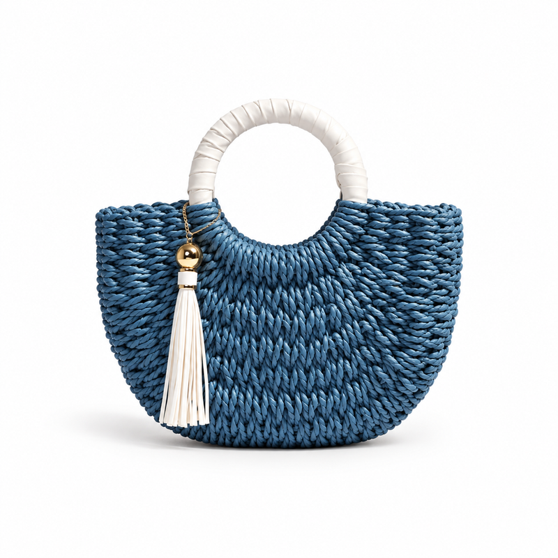 Blue Woven Tassel Ring Handle Handbag-2