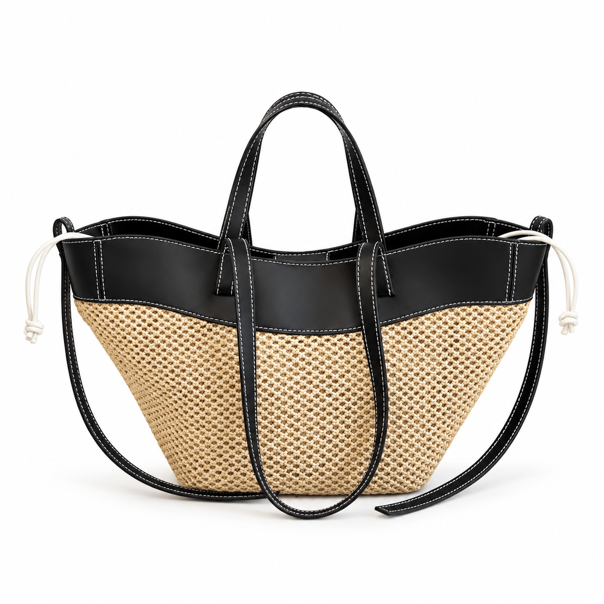 Beige Woven Tote With Black Trim-4