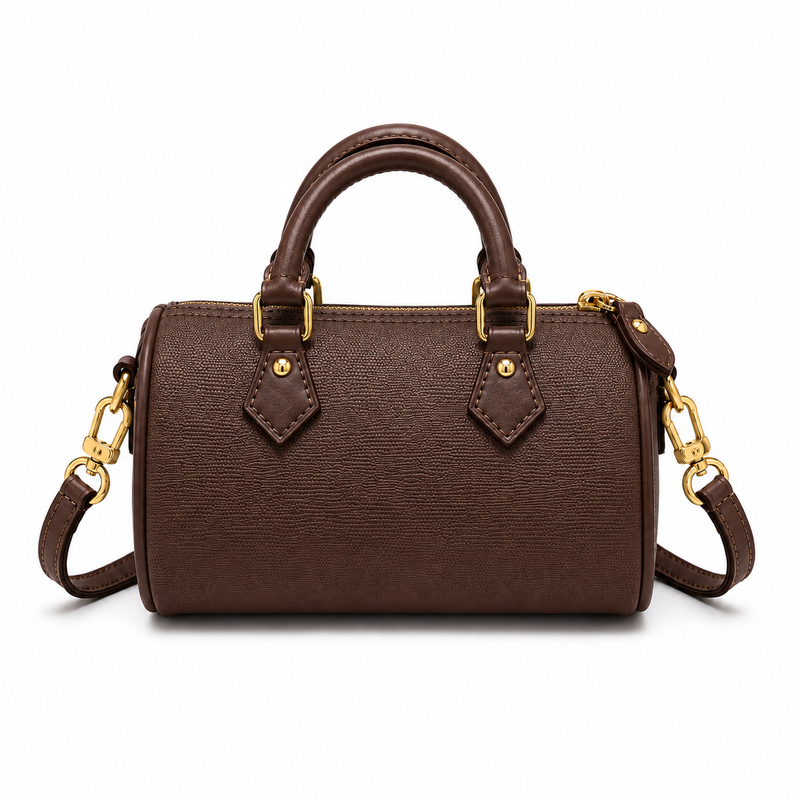 Chocolate Brown Textured Barrel Handbag-1