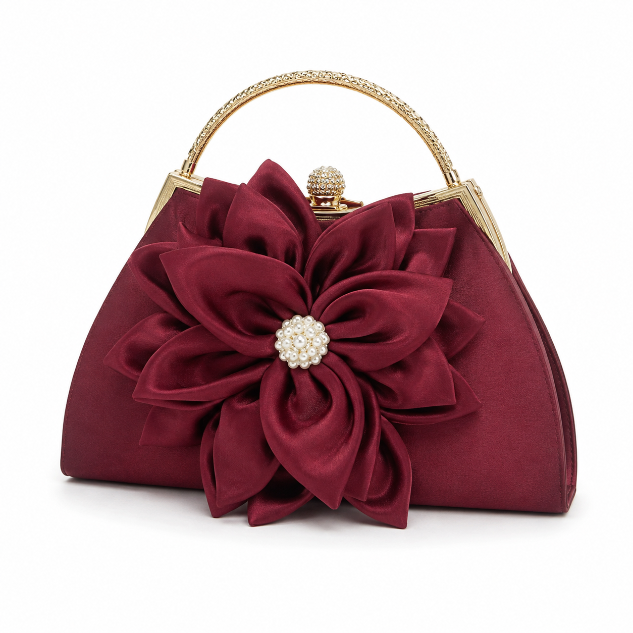 Burgundy Floral Evening Handbag with Gold Handle and Pearl Embellishment-1