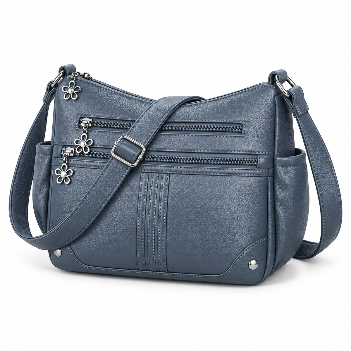 Grey Blue Satchel Bag With Zippers-3