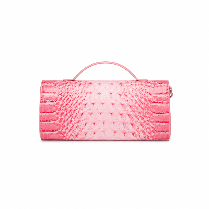 Luxury Pink Crocodile Embossed Top Handle Clutch Bag-2