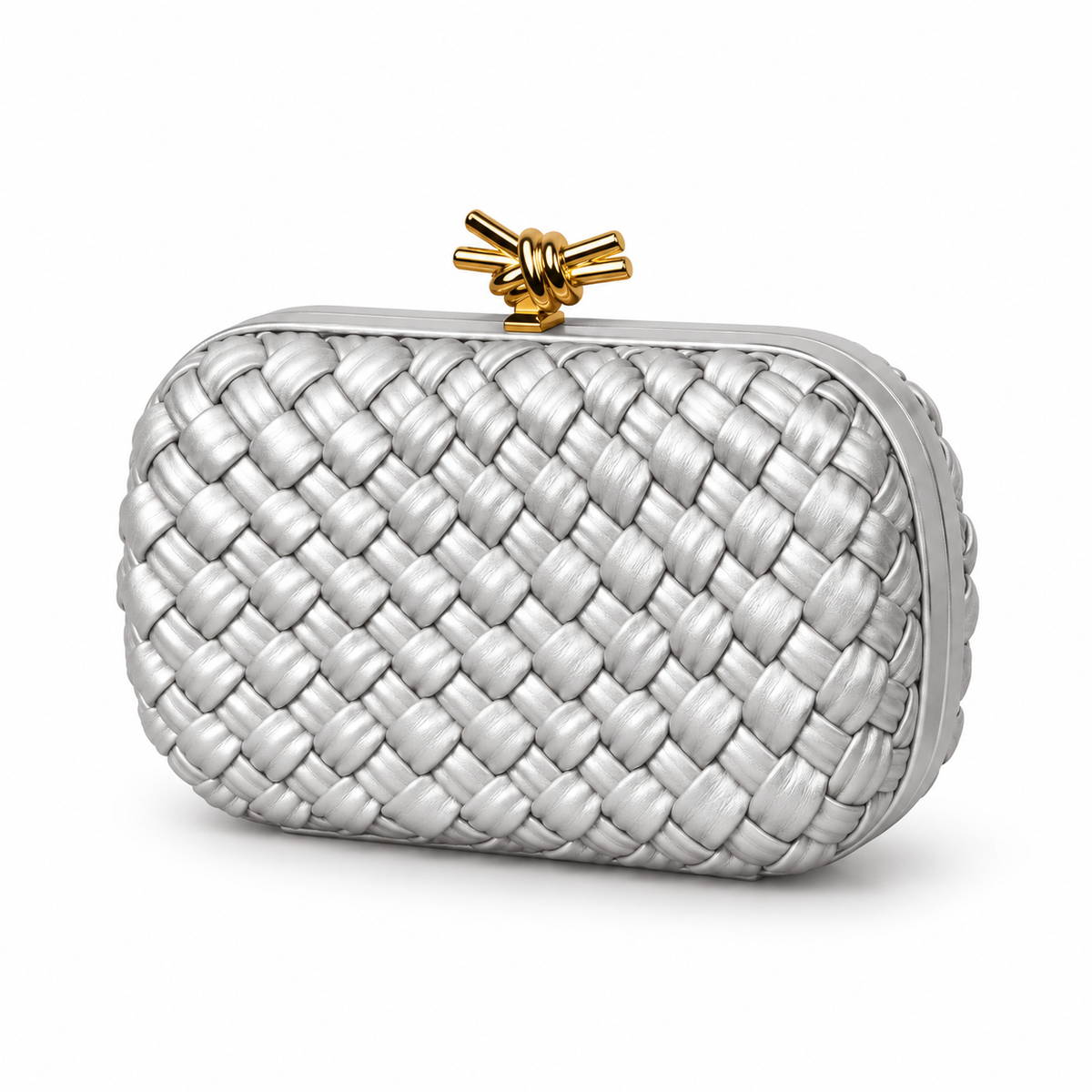 Silver Woven Clutch With Golden Knot-3