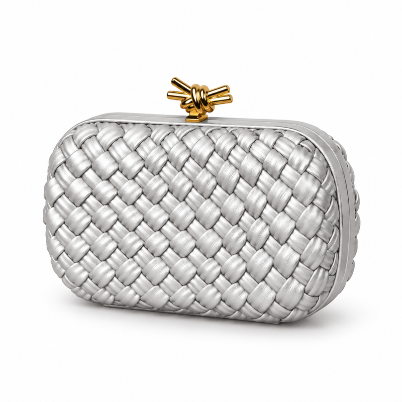 Silver Woven Clutch With Golden Knot-3