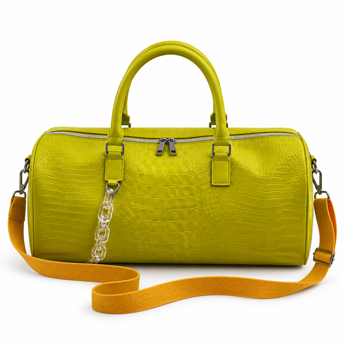 Chartreuse Crocodile Embossed Leather Duffel Bag-2