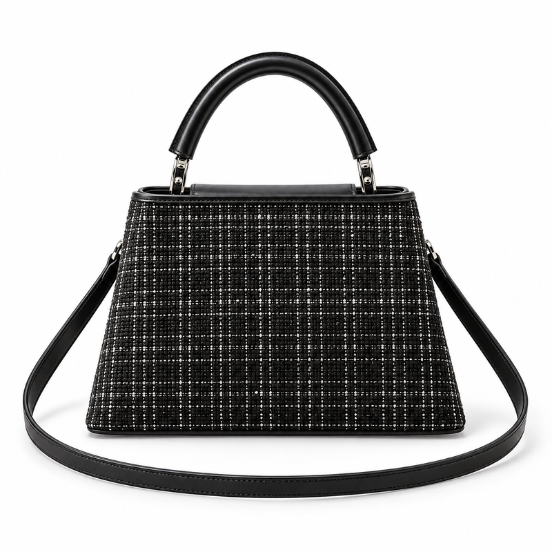 Black Checkered Vegan Leather Top handle Bag-2