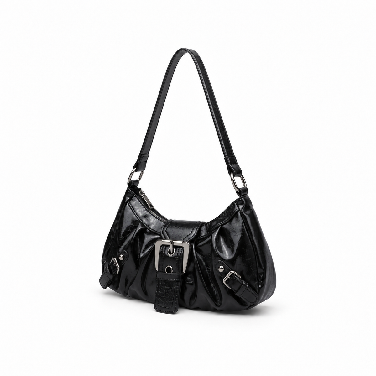 Glossy Black Buckle Shoulder Hobo Bag-3