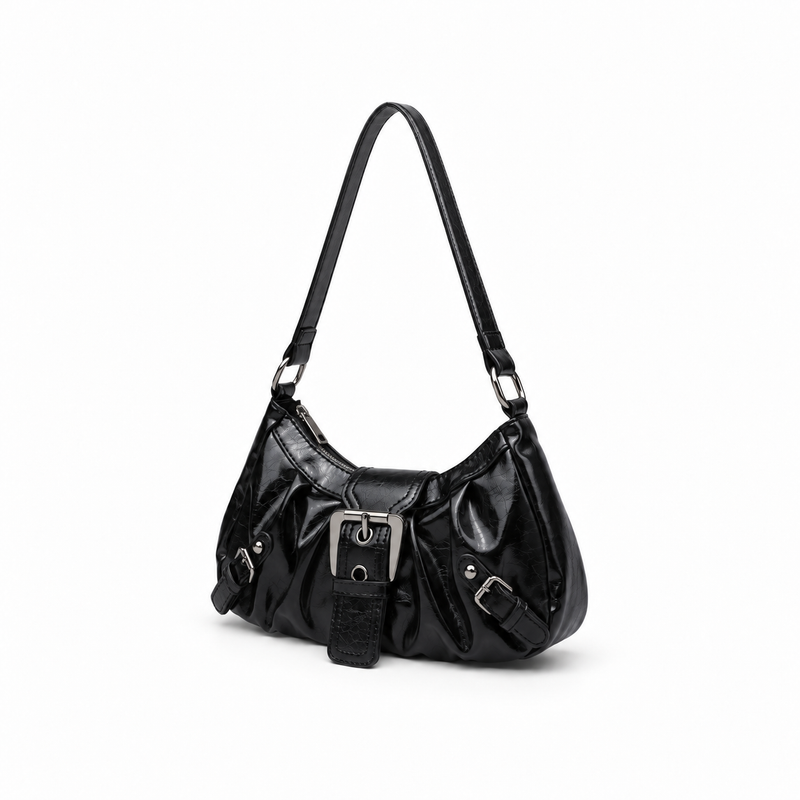 Glossy Black Buckle Shoulder Hobo Bag-3