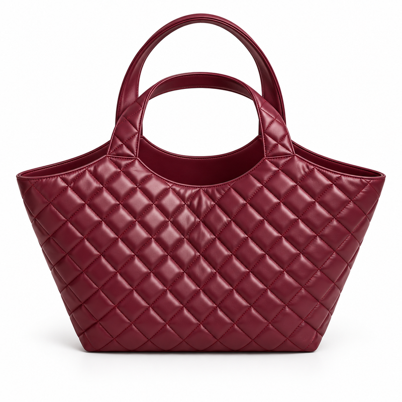 Burgundy Quilted Vegan Leather Shoulder Tote-2