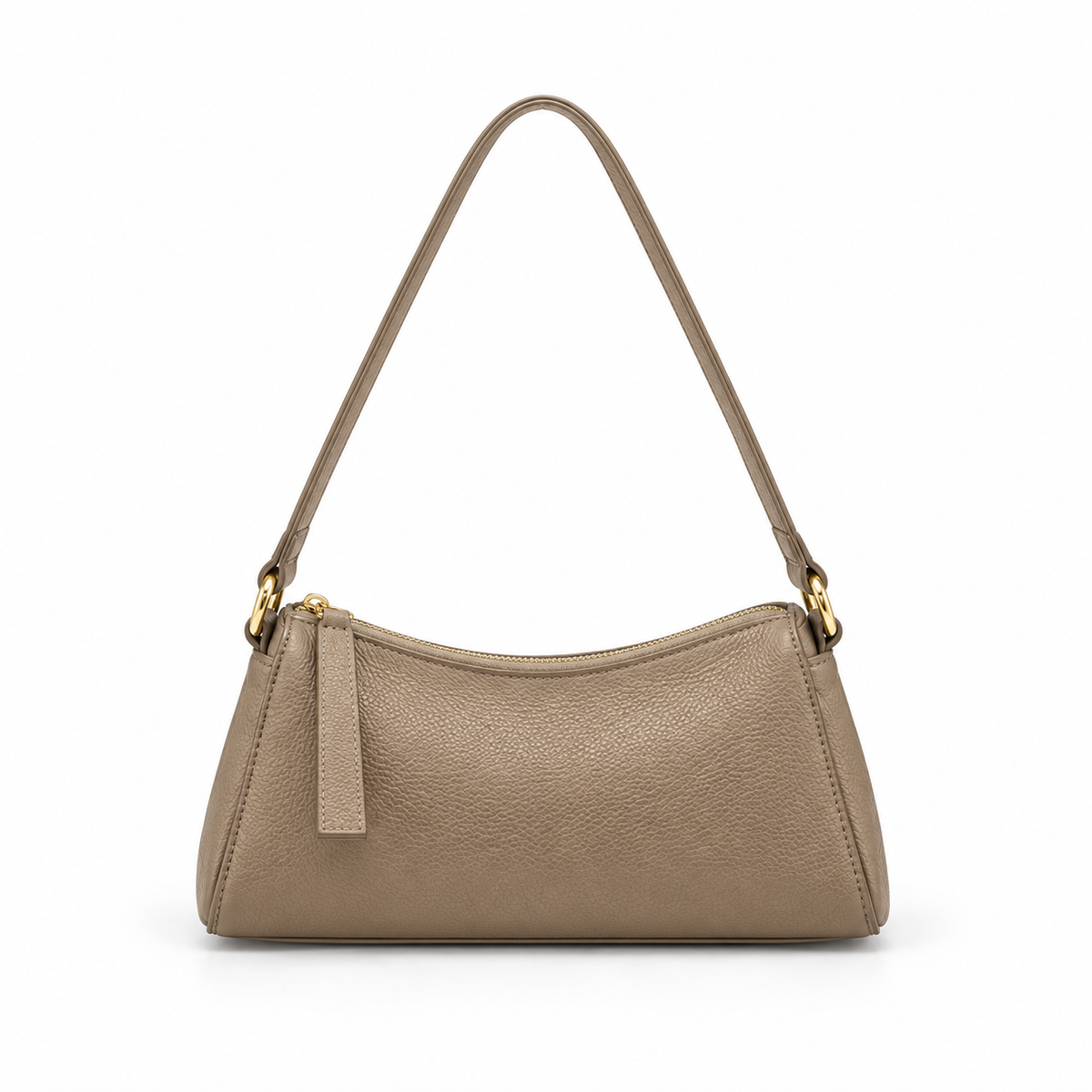 Khaki Textured Leather Shoulder Baguette Bag