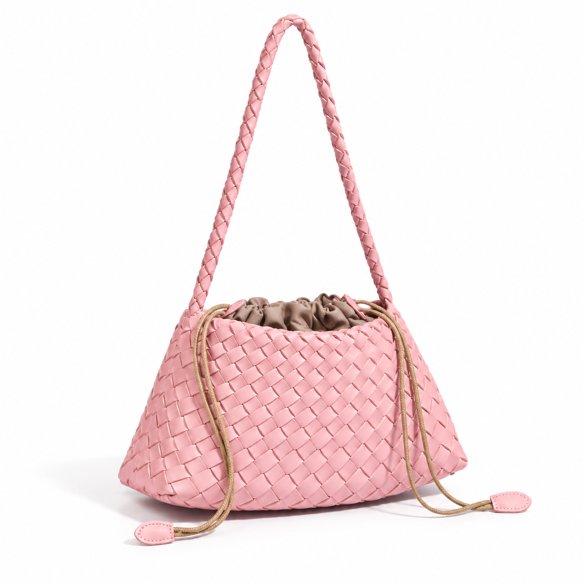 Pink Woven Shoulder Bag With Drawstring-1