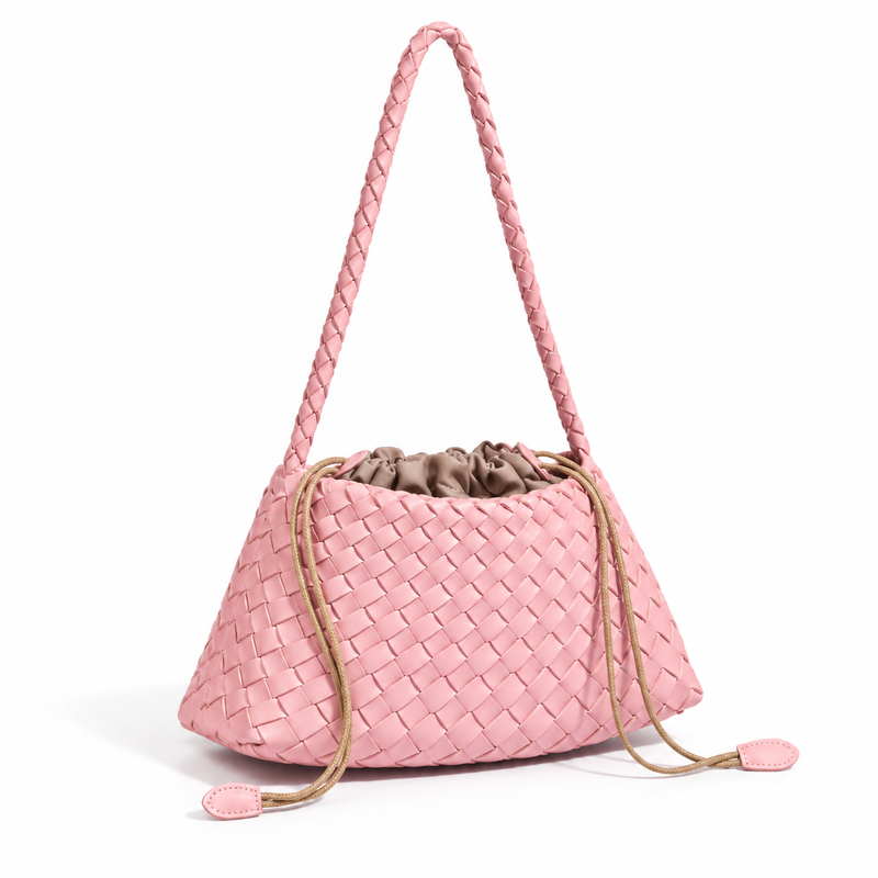 Pink Woven Shoulder Bag With Drawstring-1