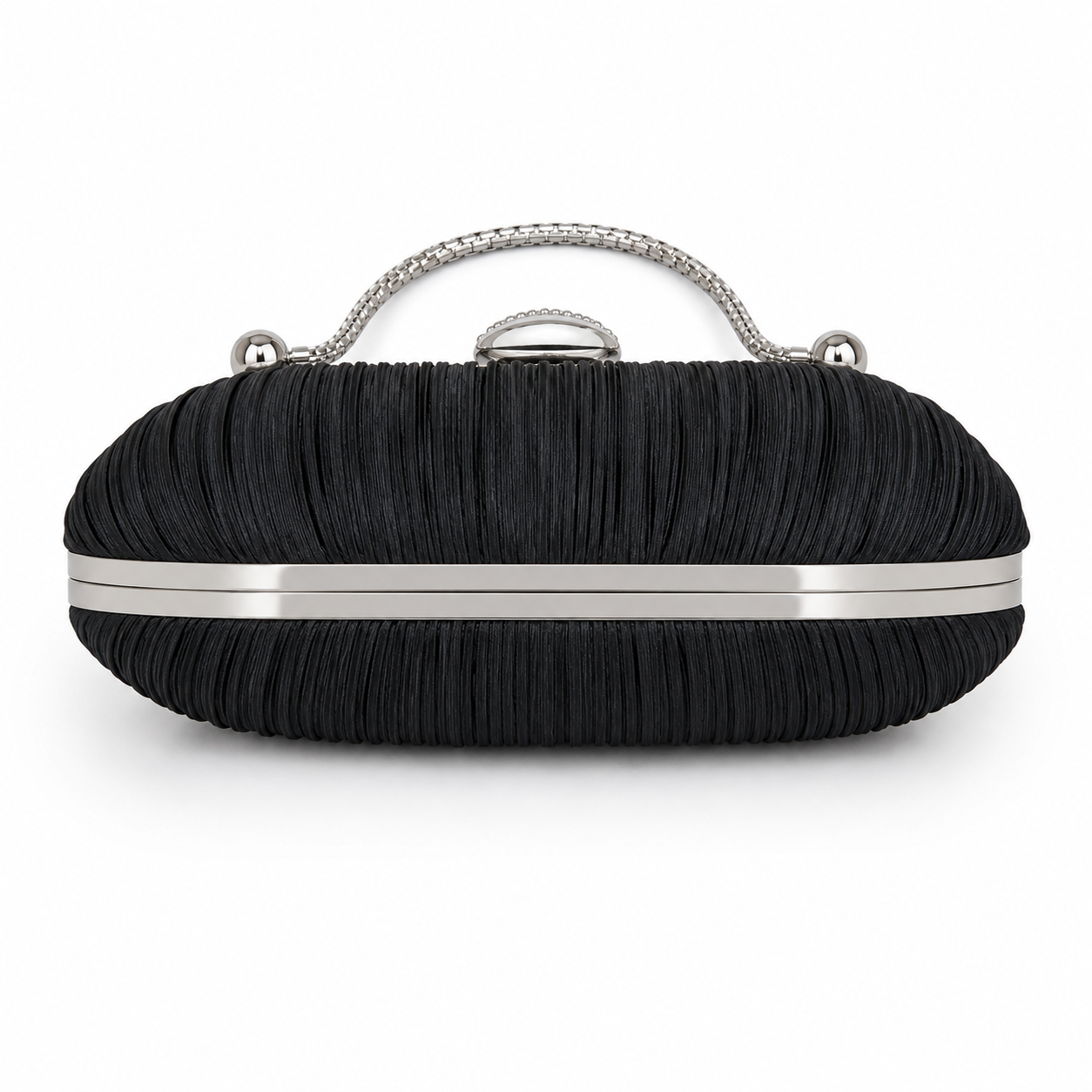 Black Pleated Evening Clutch Bag with Silver Handle-2