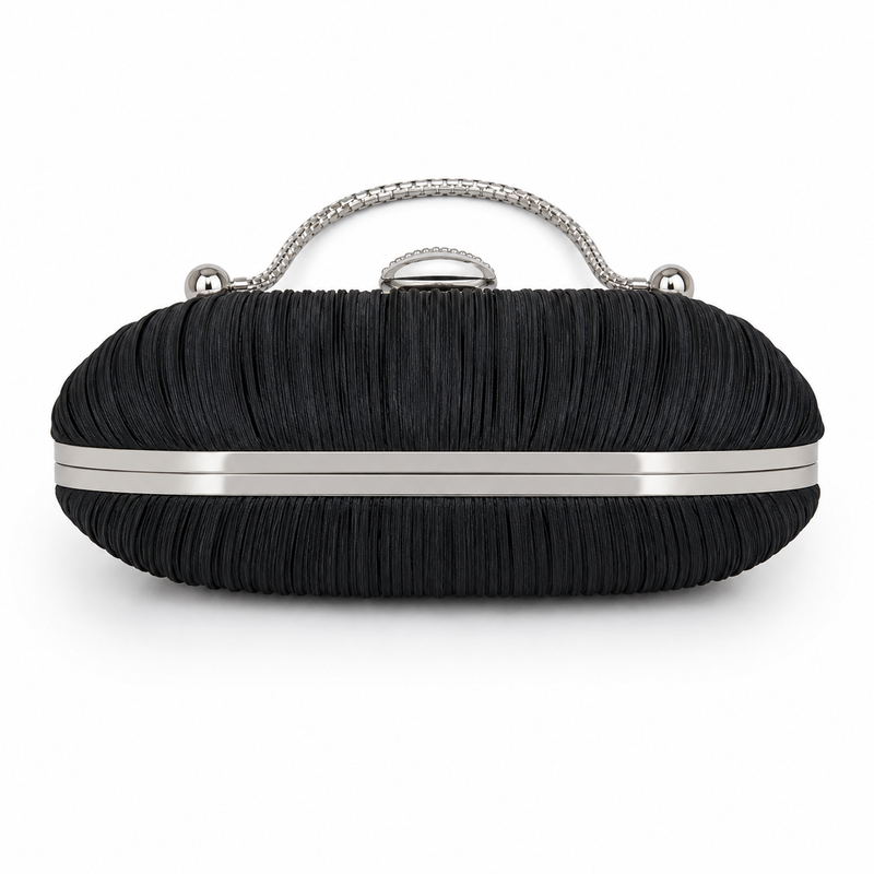 Black Pleated Evening Clutch Bag with Silver Handle-2