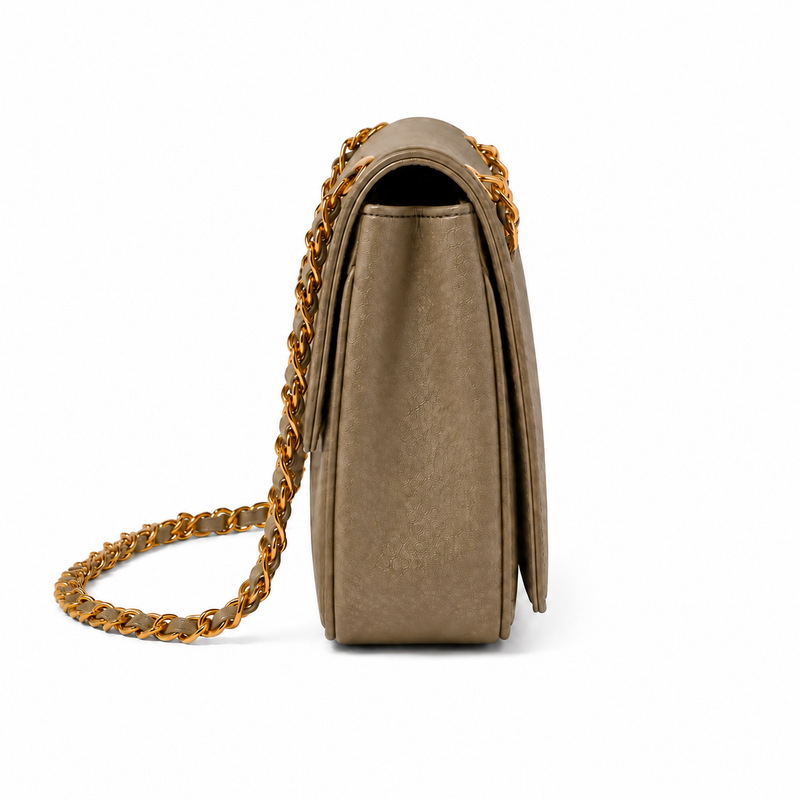 Khaki Textured Chain Strap Shoulder Bag-3
