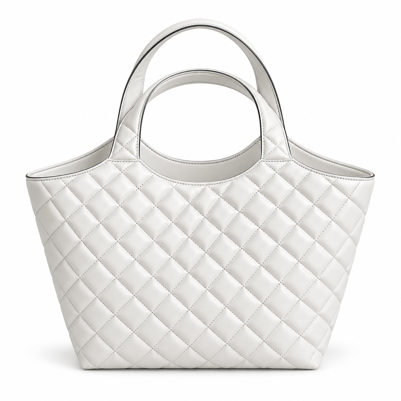 White Quilted Vegan Leather Tote Bag-4