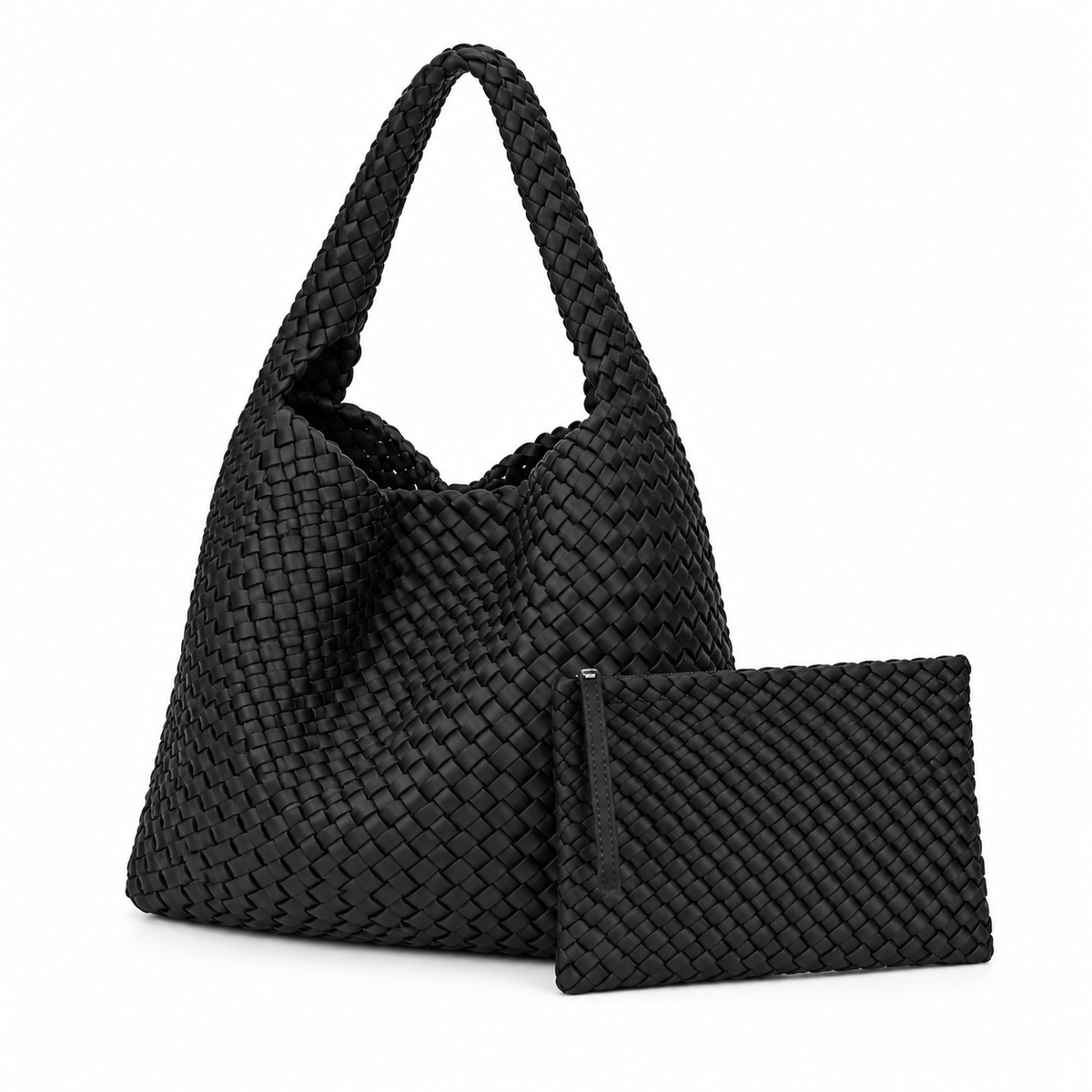 Black Woven Shoulder Bag With Pouch-4