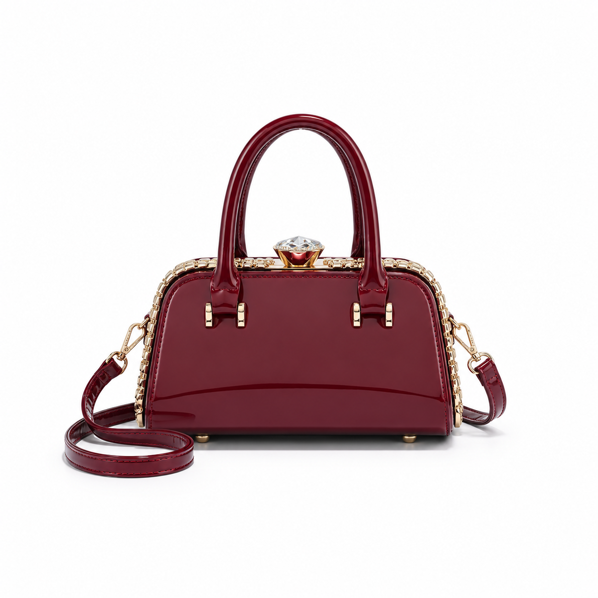 Elegant Burgundy Glossy Handbag With Crystal-2