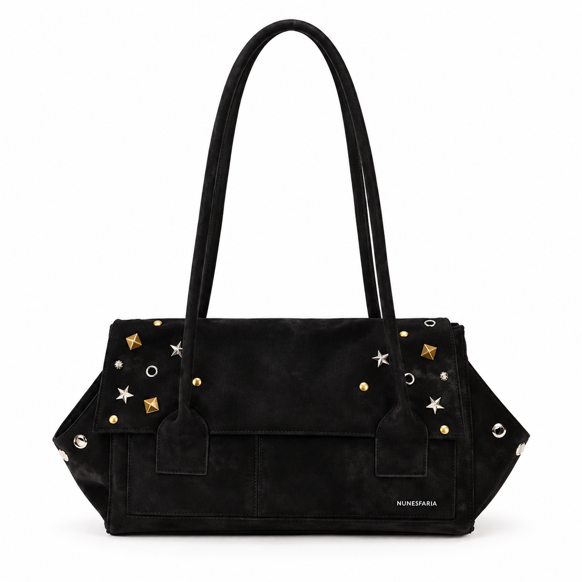 Black Studded Star Detail Shoulder Tote-4