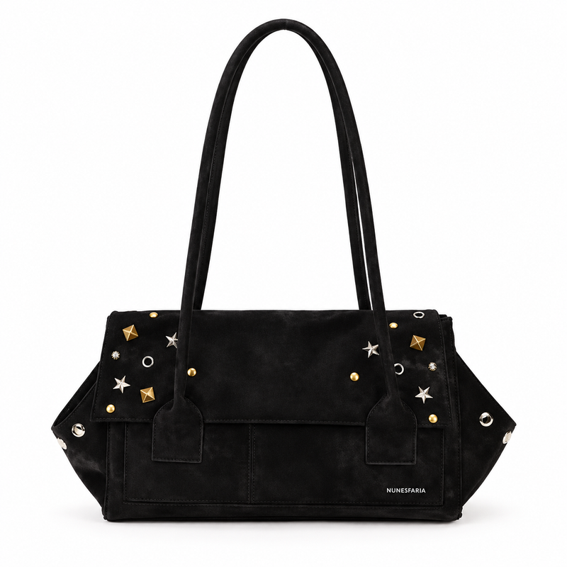 Black Studded Star Detail Shoulder Tote-4