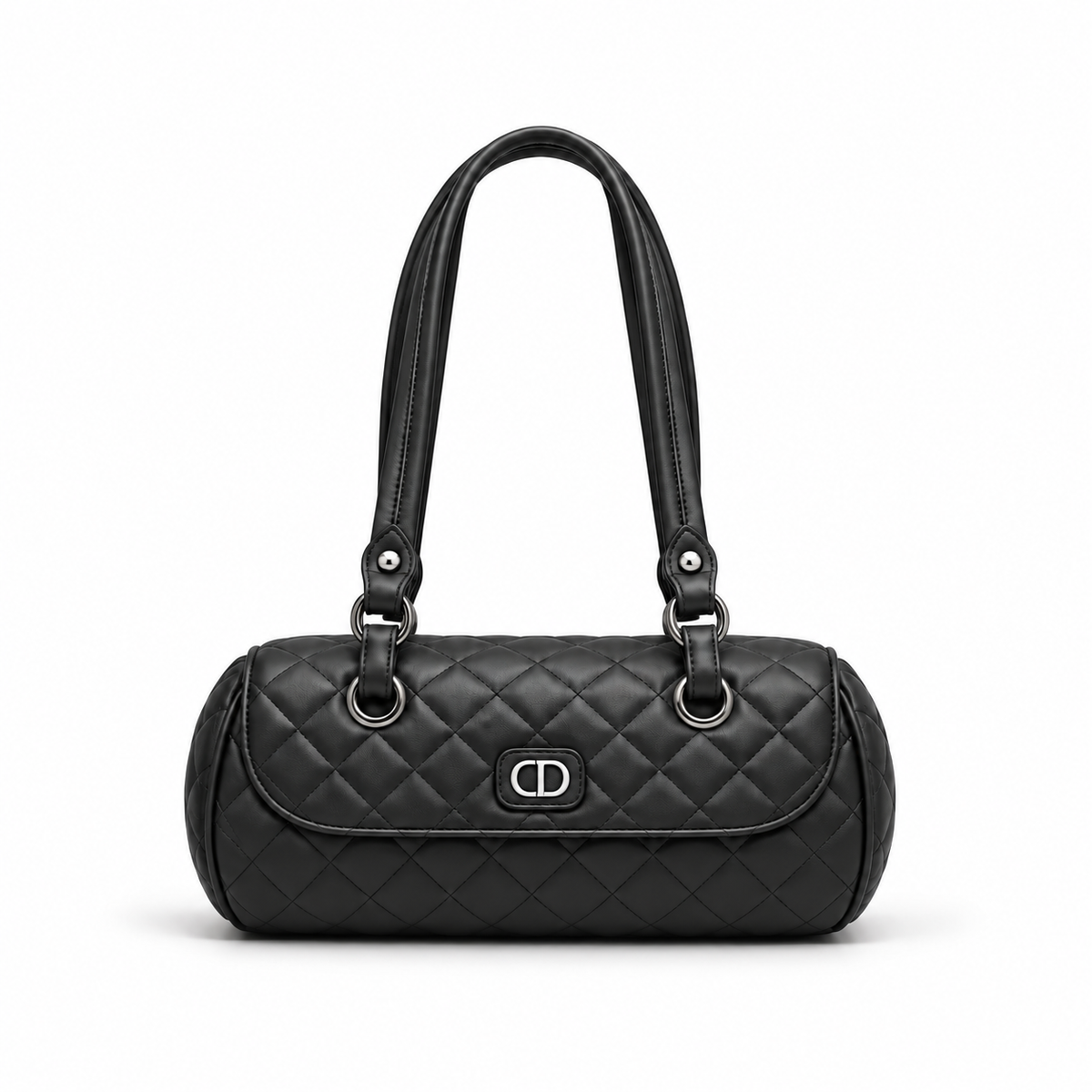 Black Quilted Barrel Shoulder Handbag Purse-4