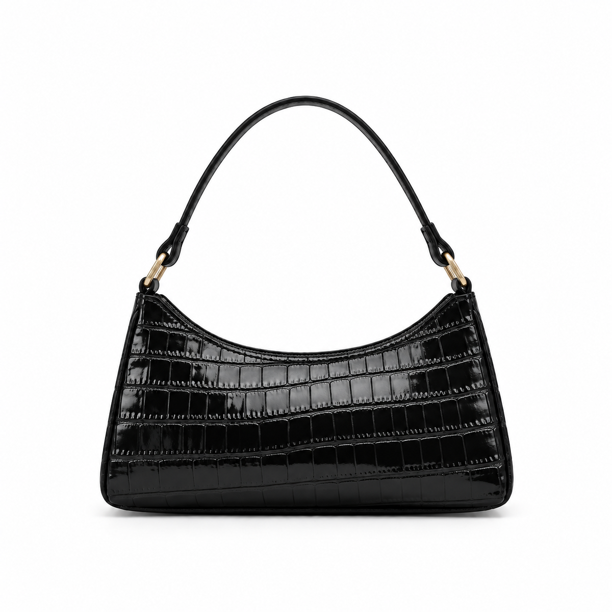 Glossy Croc Embossed Black Shoulder Bag