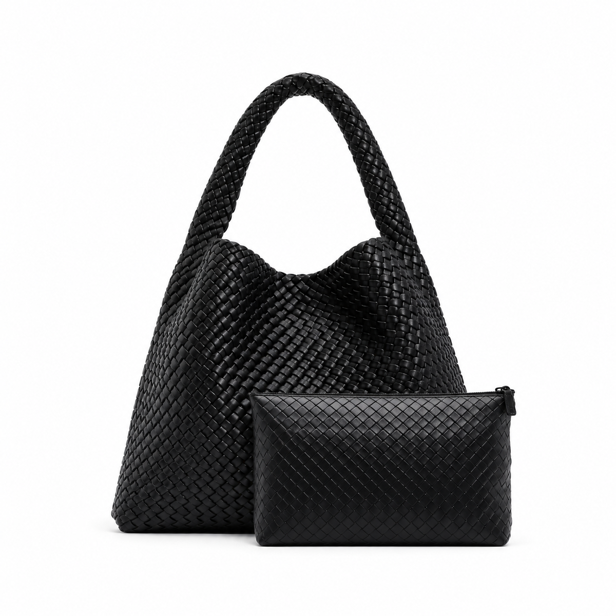 Black Woven Hobo Tote With Pouch-2